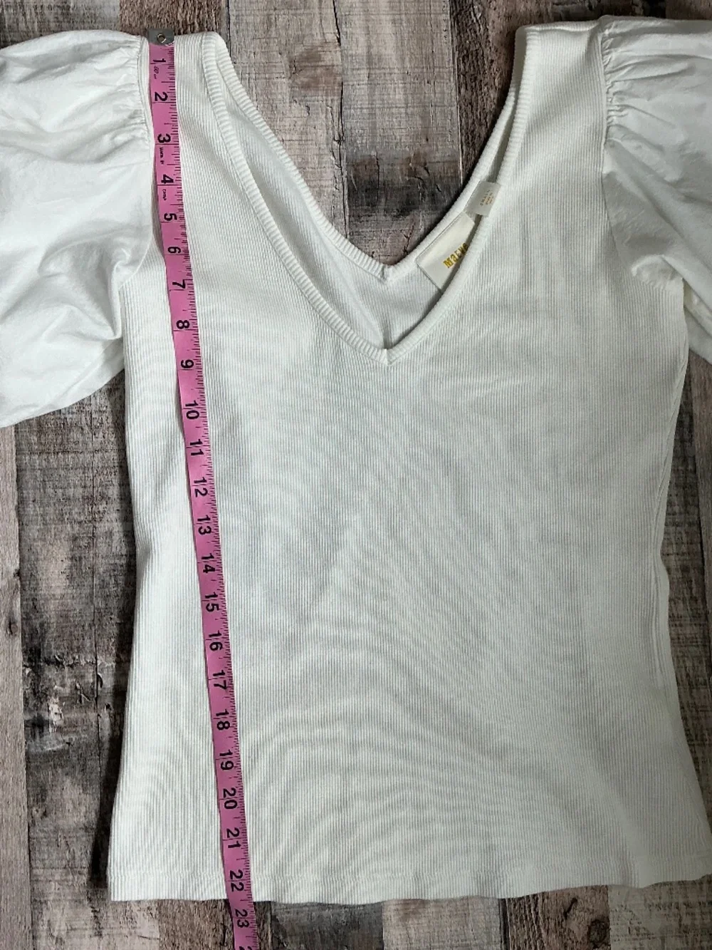 Anthropologie Maeve White Ribbed Cotton Knit V Neck Puff Sleeve Bow Top SZ S